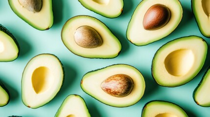 Fresh avocado halves arranged on light blue background for healthy lifestyle
