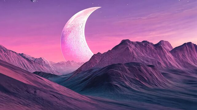 A digital art depiction of a dreamy moonset with pink and purple hues in a landscape featuring mountains, clouds, and a large crescent moon.