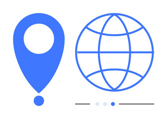 Blue map pin and globe outline represent travel, navigation, and global locations. Progress dots suggest process, loading, or navigation step. Ideal for travel, technology, geography connectivity