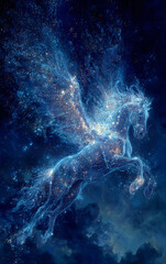 Obraz premium celestial pegasus flying through starry night sky, glowing mythical winged horse illustration made of starlight and cosmic clouds, fantasy creature in dreamy universe scene 