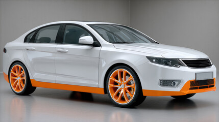 Modern White Sedan with Striking Orange Accents in Studio Setting