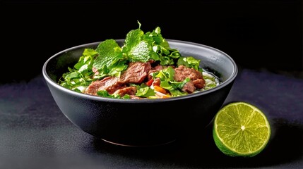 Delicious Fresh Salad With Herbs and Lime on a Dark Background in a Modern Kitchen Setting