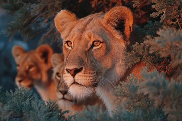 Wild Felines in Nature A CloseUp of Lions Amidst Greenery