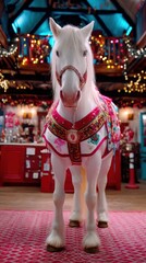 A Horse figurine displayed next to a pink and white toy horse inside a brightly lit store.