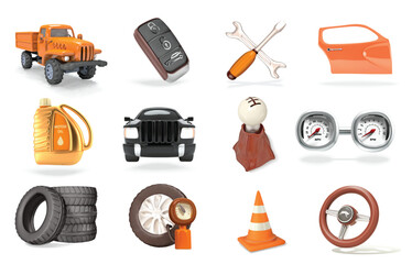 Automotive vector 3d icon Set with Car parts, Tools, Repair, and Maintenance Elements
