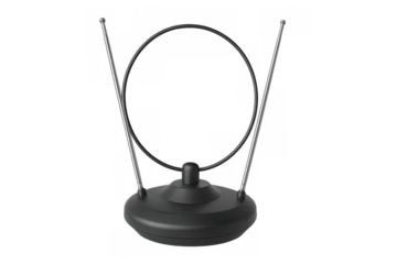 Vintage tv antenna with circular loop, extending metal rods, capturing vhf and uhf signals against clean transparent backdrop