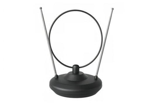 Vintage tv antenna with circular loop, extending metal rods, capturing vhf and uhf signals against clean transparent backdrop