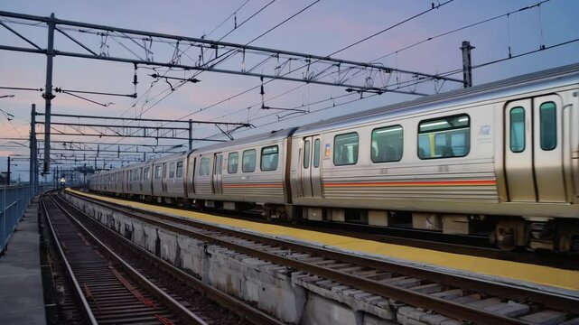 Dynamic low angle shot of a sleek modern train car moving along a curved track at dusk, showcasing urban transit, Vivid cool toned image of a contemporary train on a railway bridge under a clear eveni