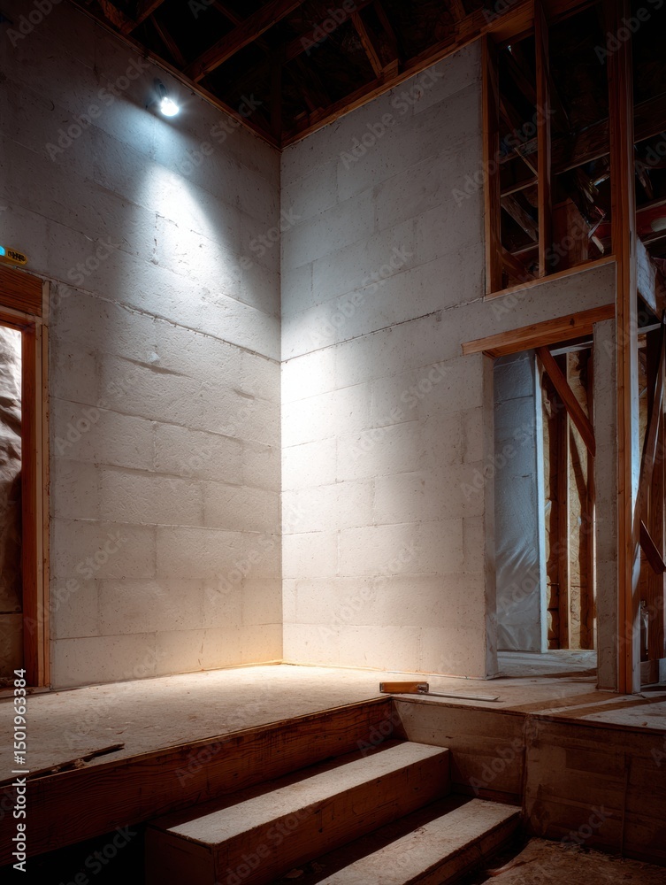 Poster interior wall construction with level tool in light zone showcasing progress and details of building