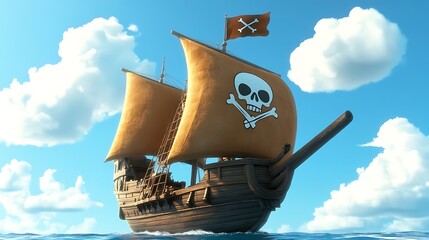 Wooden sailing ship with a pirate flag against a clear sky.