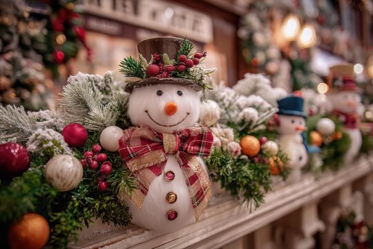 Christmas garland and snowman figurine on a white mantle with festive red and green decorations.