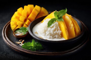 Mango sticky rice - Thai dessert made with sweet mango, sticky rice, and coconut milk, modern black background