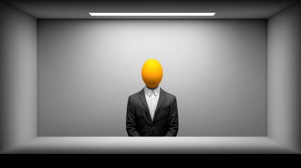 Surreal Businessman with Yellow Sphere Head in Minimalist Office Setting