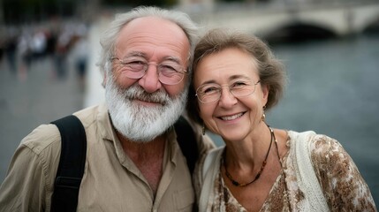 Smiling Senior Couple Traveling Together by a Riverside in Europe