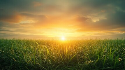 Fototapeta premium Golden sunrise over a field of tall grass or crops.
