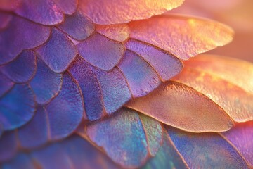 Close-up shot of iridescent scales with purple, blue, and gold hues, creating a mesmerizing and abstract textured pattern.