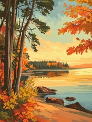 Retro Lakeside Serenity: A Vintage Interpretation of Lake Waskesiu at Dusk in Saskatchewan's Autumn Splendor