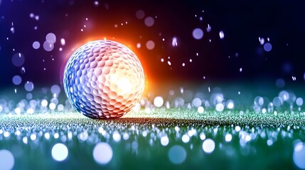 Glowing golf ball on vibrant green, illuminated with warm and cool light, surrounded by bokeh