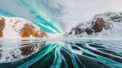 Colorful ribbons of aurora borealis reflect off a glassy frozen lake, with the brilliant greens, purples, and blues adding to the serene winter scene.