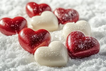 Fototapeta premium Romantic Winter Hearts: Red and White Love Symbols on a Snowy Cold Background