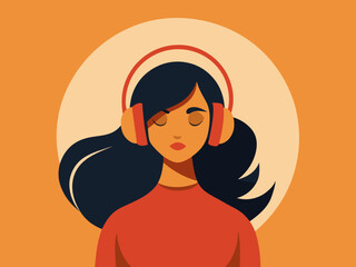 Flat design illustration of woman in headphones with peaceful expression and warm color palette