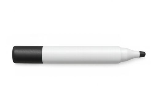 Close-up horizontal view showing black-capped whiteboard marker lying on transparent surface, emphasizing workplace writing tool