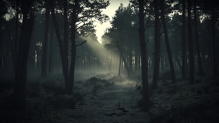 A misty forest scene with sun rays piercing through tall, shadowy trees, creating a mystical and serene atmosphere.
