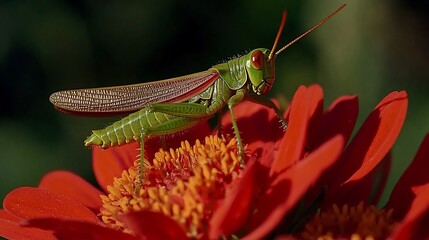 Vibrant grasshopper perched upon a red flower
