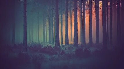 A foggy forest with ethereal sun rays breaking through the mist, casting a mystical glow on the dense trees, creating a tranquil, otherworldly atmosphere