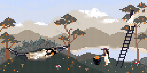 Pixel art stylish scenery nature mountains fruits