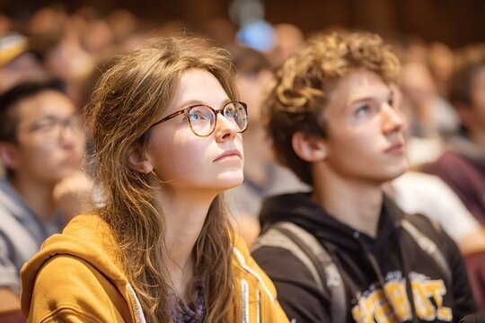 University students attentively listening to a lecture in a packed auditorium, focusing on the speaker and deeply absorbing valuable information while engaging in their academic journey