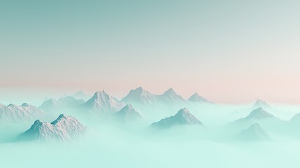 Soft mist envelops rolling mountain peaks, with pastel hues of pink, lavender, and soft blue in the sky, creating a dreamy, peaceful landscape with an ethereal feel
