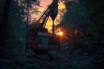 An abandoned rusty crane sits in the dark forest as the sun goes down.