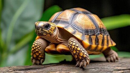 Obraz premium Colorful tortoise on a log with lush green background.