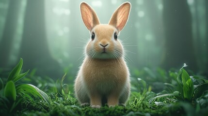 Obraz premium A rabbit in a lush, green forest setting with soft lighting.