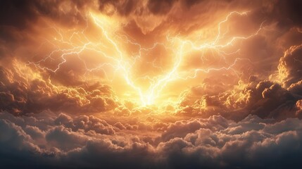 Dramatic lightning strikes illuminate a stormy sky at sunset.