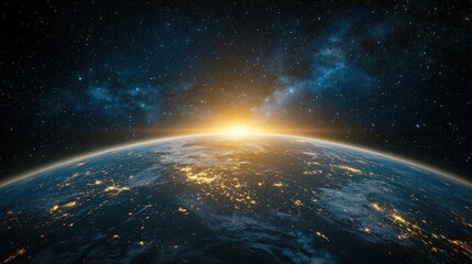 Fototapeta premium Vibrant sunrise over Earth with a starry sky backdrop.