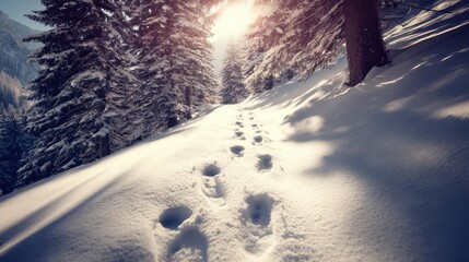 Footprints in the snow guide the way along a tranquil forest trail that is heavily snow-covered