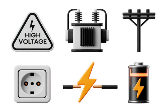 Various electrical 3d icons, including a high voltage sign, transformer, power lines, socket, lightning bolt, and battery
