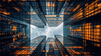 Urban skyscrapers viewed from below at twilight.