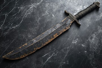 A weathered and aged broadsword rests on a dark marble surface, its blade showing signs of wear and a textured handle.