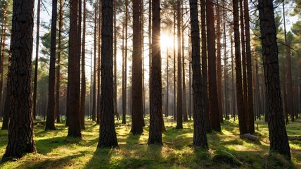 Obraz premium Majestic Sunset Through Tall Pine Trees in a Serene Forest