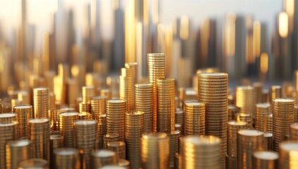 Golden Cityscape: A financial metropolis built from stacks of coins, representing wealth, prosperity, and economic growth.