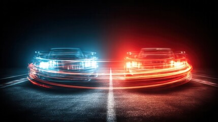 Naklejka premium Against a black background, vibrant swirling trails of red and blue light are displayed, highlighting dynamic movement
