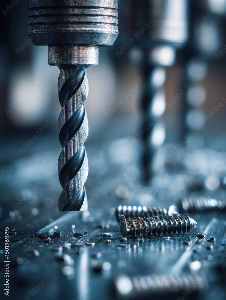 Aufkleber Drill and Screws in Action on Steel Sheet Surface in a Well-Lit Workspace With a Soft Background