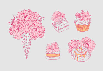 Bakery graphic illustrations ice cream, cupcake, macarons, cinnabon in floral style with flowers and petals drawing with pink on beige background