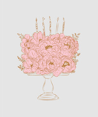 Cake on stand made with flowers and candles drawing in floral style on beige background