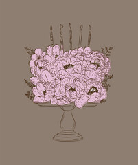 Cake on stand made with flowers and candles drawing in floral style with pink and brown on dark background