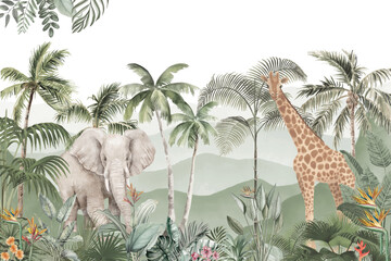 Subtle Jungle Scene with Wildlife, Minimalist Kids Room Wallpaper Design  © csinie1