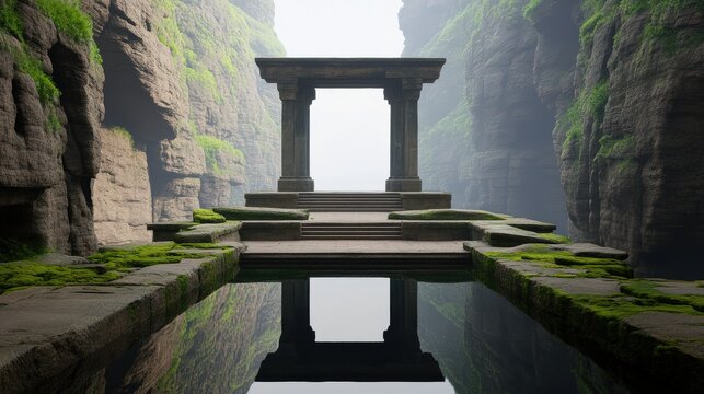 Ancient stone archway reflecting in a tranquil pool within a misty mountain gorge.
